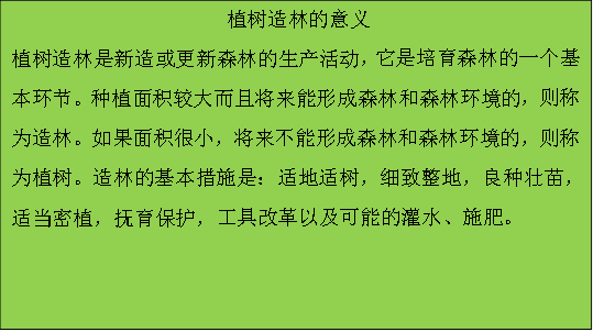 植樹造林的意義 植樹造林是新造或更新森林的生產活動,它是培育森林的